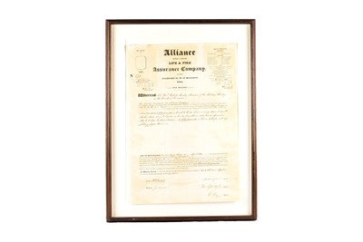 Lot 290 - Framed Alliance British and Foreign Life and Fire Assurance Company Policy