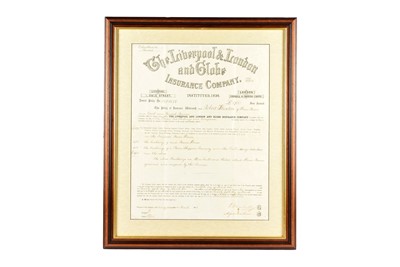 Lot 292 - Framed and glazed The Liverpool & London and Globe Insurance Company Policy