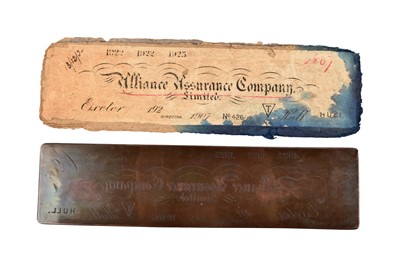 Lot 324 - A rectangular copper policy header printing plate