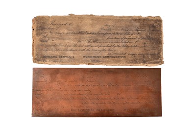 Lot 326 - A rectangular copper policy header printing plate