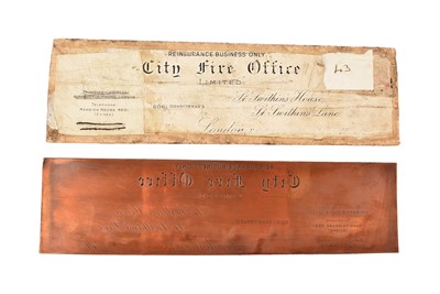 Lot 327 - A rectangular copper policy header printing plate