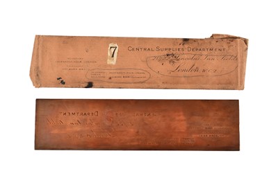 Lot 328 - A rectangular copper policy header printing plate