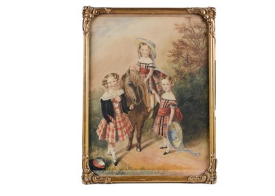 Lot 332 - A mid 19th century English Naïve School watercolour of three children with a pony