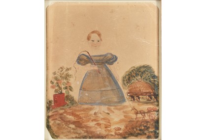 Lot 334 - An English naïve watercolour of a child with pull-along donkey cart dated 1853