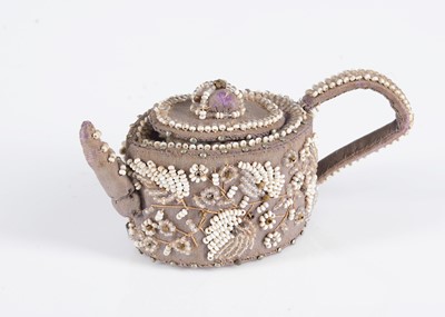 Lot 342 - An 19th century purple silk and beadwork teapot thimble holders