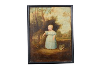 Lot 368 - An early 19th century English oil on board of a small girl holding a bonnet