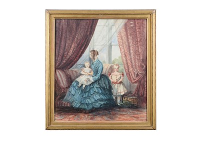 Lot 375 - A mid 19th century watercolour of a mother with her son and daughter