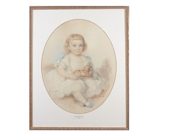 Lot 428 - A large pencil and pastel portrait of a child with toy dog, dated 1870