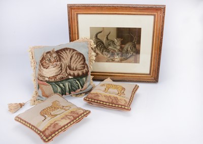 Lot 456 - Three cushions and a print of kittens