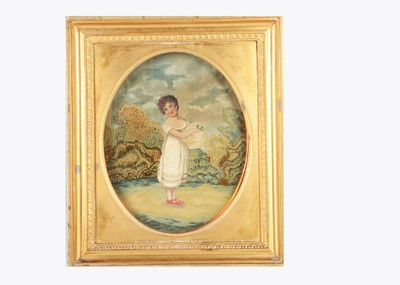 Lot 465 - An early 19th century embroidered silk picture of girl holding a basket of flowers