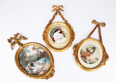 Lot 471 - Three similar early 20th century carved wooden gilt frames with hanging bows