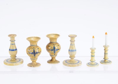 Lot 634 - 19th century German turned wooden candlesticks and vases