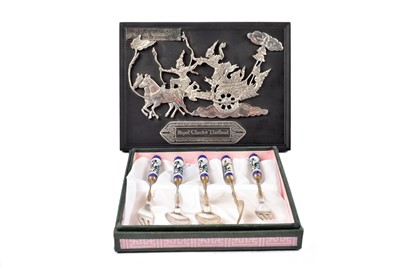 Lot 39 - A set of five Asian enamel and white metal spoons and forks