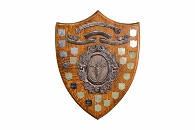 Lot 43 - A large oak silver plate mounted presentation shield