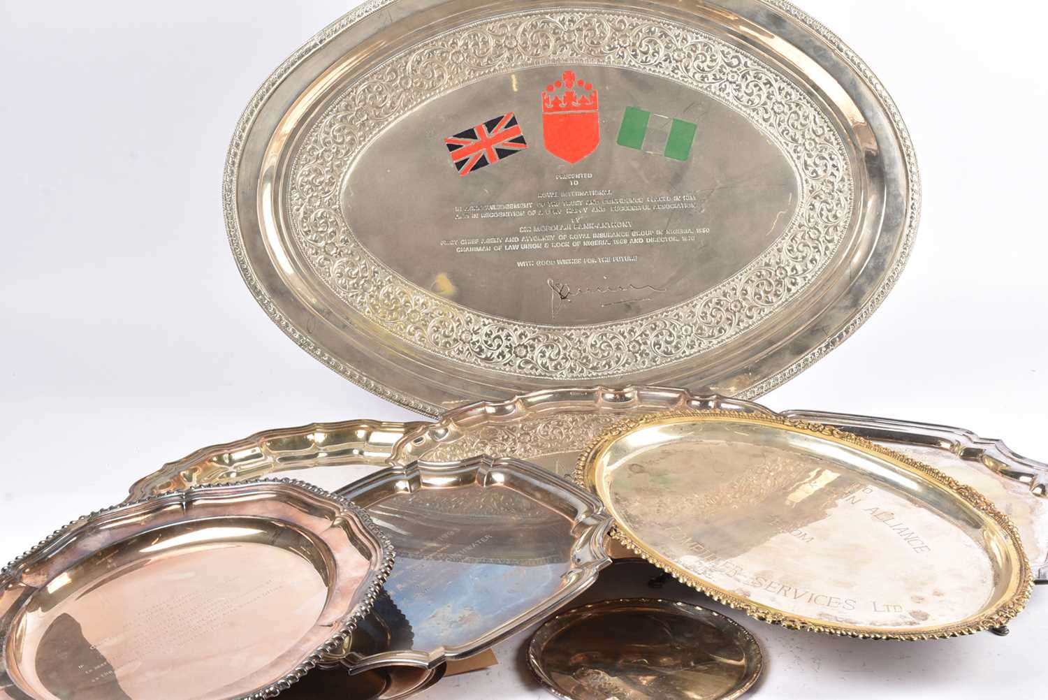 Lot 46 - A quantity of silver plated and white metal presentation trays and salvers