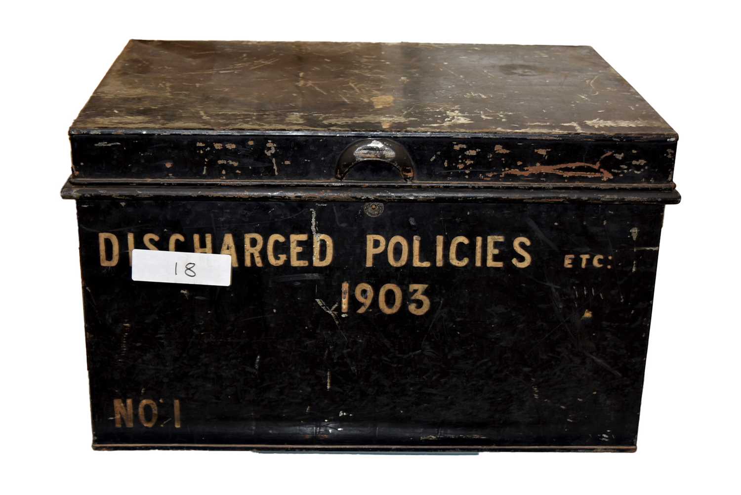 Lot 91 - A rectangular tin deed box