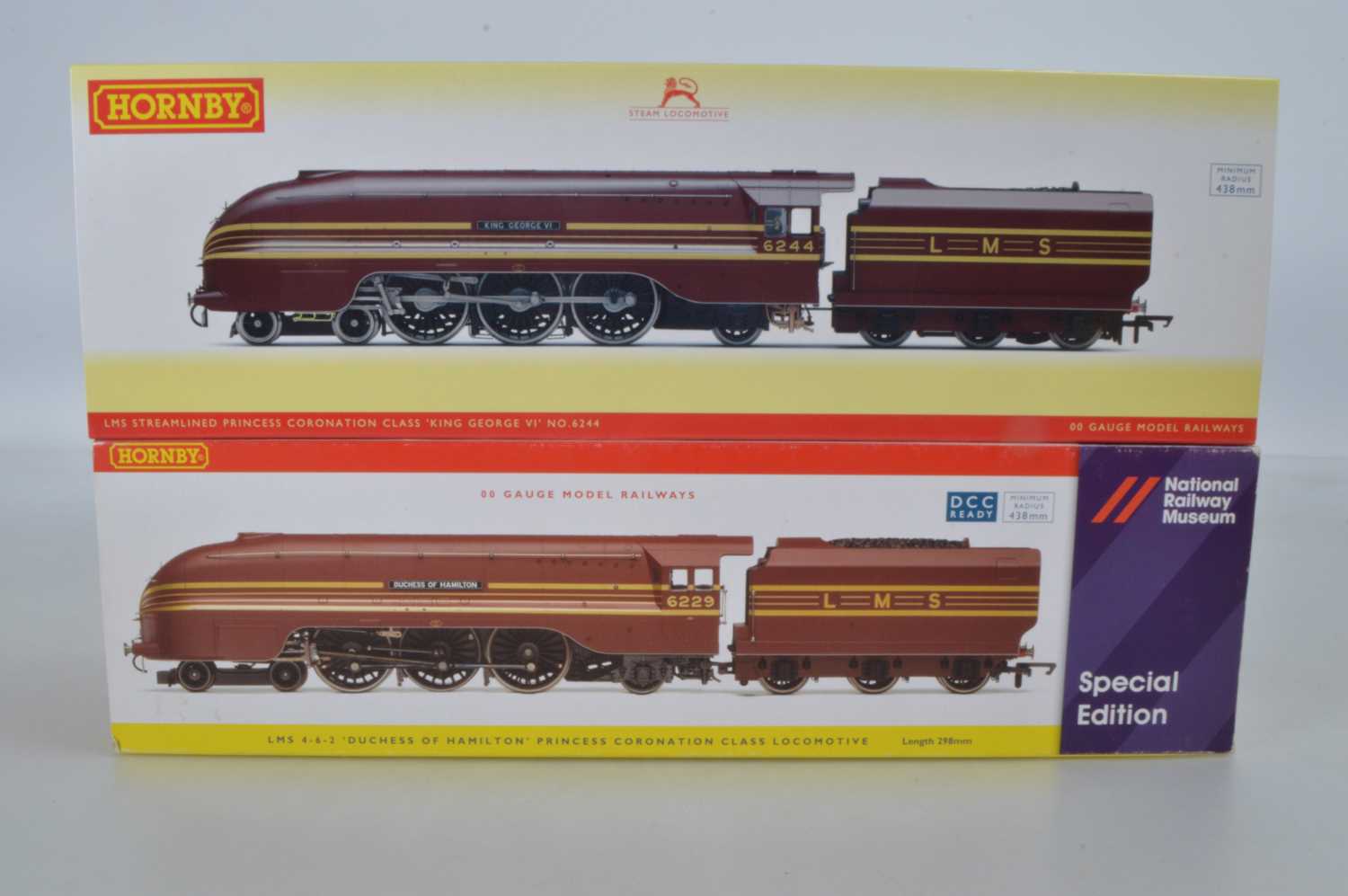 Lot 63 - Hornby (China) boxed 00 Gauge LMS crimson Lake Streamlined Coronation Class Locomotives and Tenders (2)