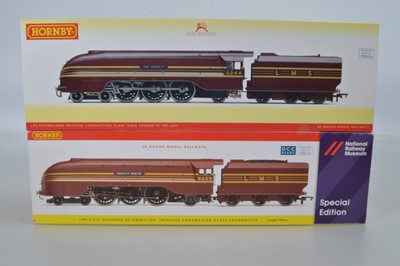 Lot 63 - Hornby (China) boxed 00 Gauge LMS crimson Lake Streamlined Coronation Class Locomotives and Tenders (2)