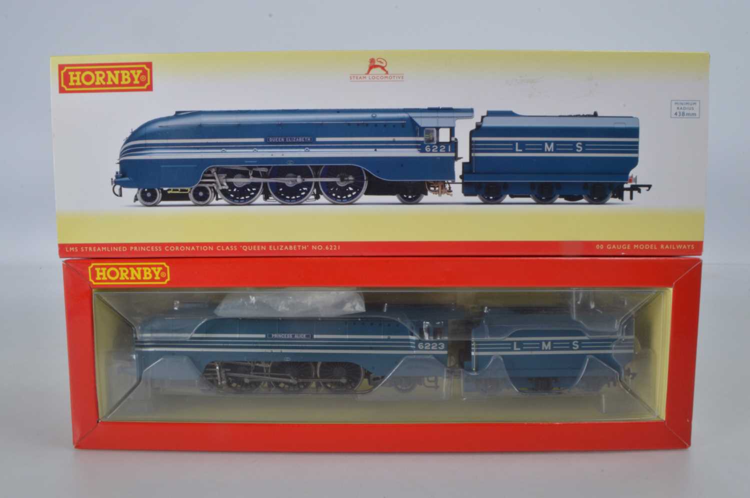 Lot 64 - Hornby (China) boxed 00 Gauge LMS blue Streamlined Princess Coronation Class Locomotives and Tenders (2)