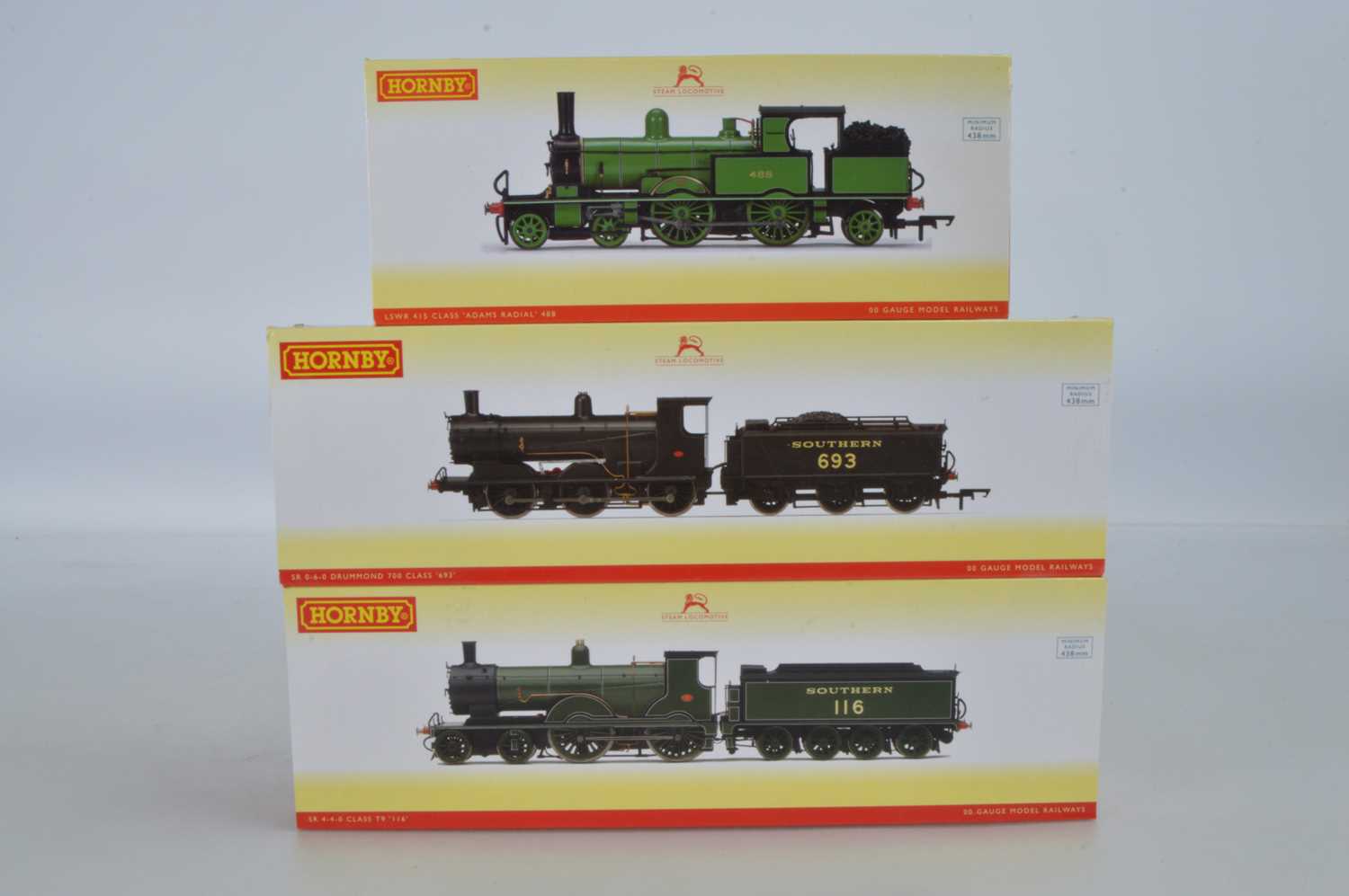 Lot 71 - Hornby (China) boxed 00 Gauge LSWR green Adams Radial and SR black and green Locomotives and Tenders (3)