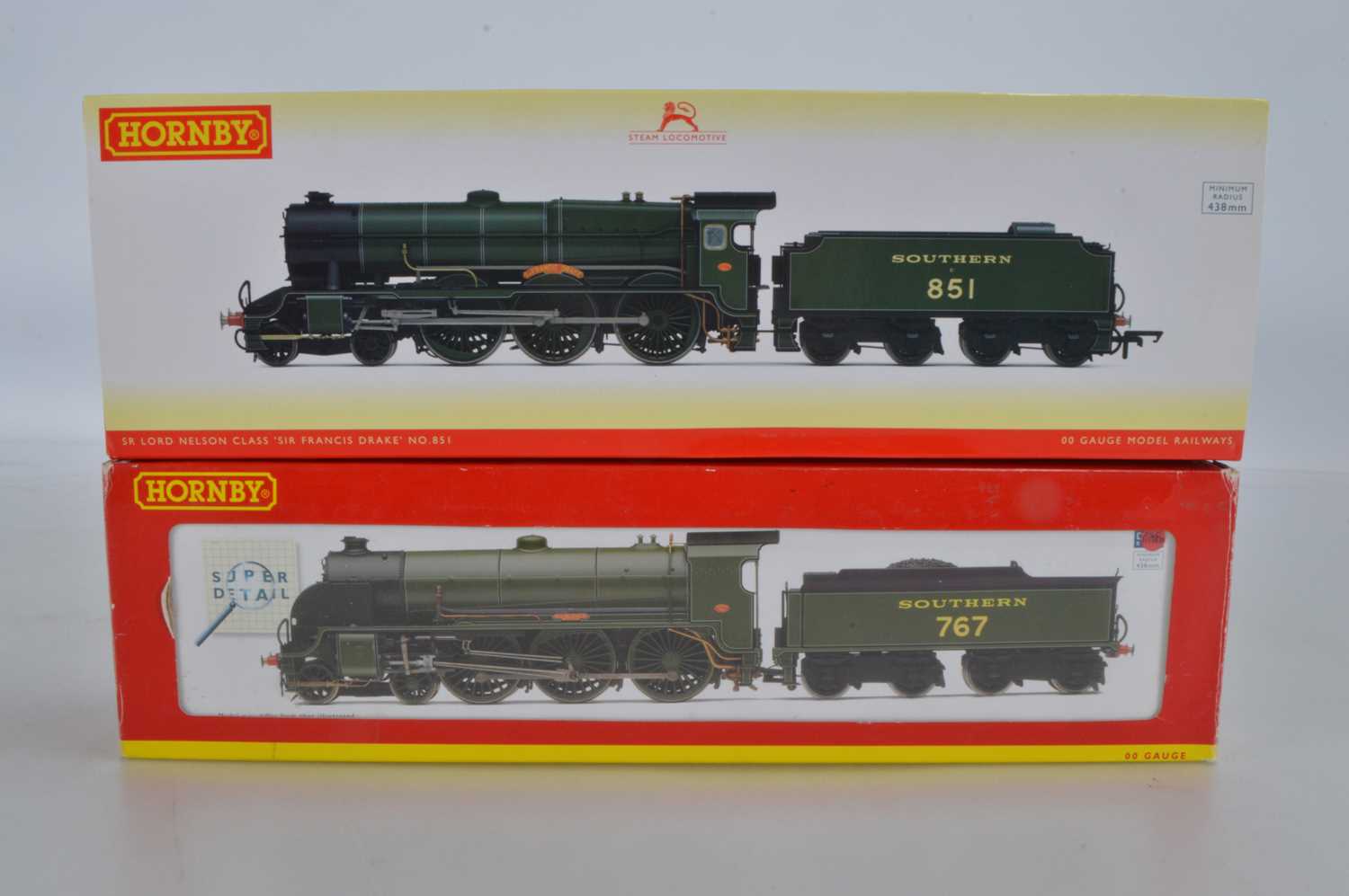 Lot 72 - Hornby (China) boxed 00 Gauge SR green N15 and Lord Nelson Class Locomotives and bogie Tenders (2)