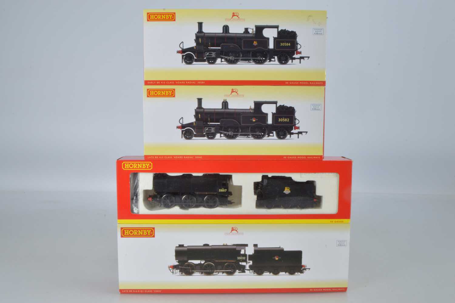 Lot 75 - Hornby (China) boxed 00 Gauge BR black Adams Radial Tank Locomotives and Class Q1 Locomotives and Tenders (4)