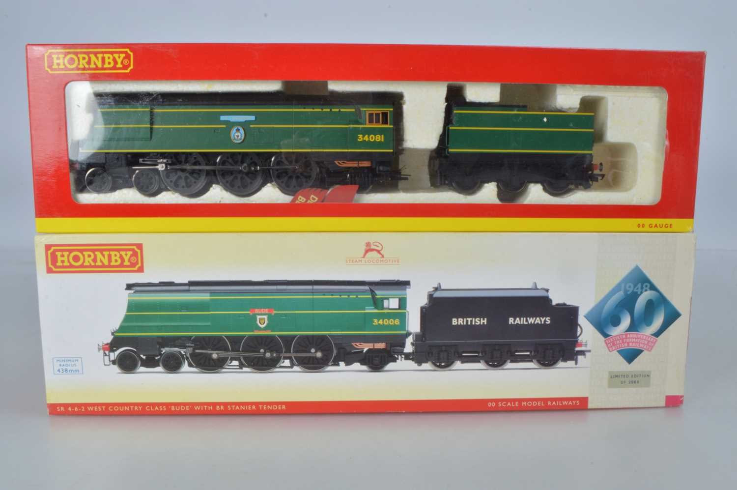 Lot 79 - Hornby (China) boxed 00 Gauge Early BR Malachite green West Country and Battle of Britain Class Locomotives and Tenders (2)