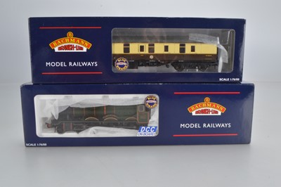Lot 223 - Bachmann boxed 00 Gauge BR green Hall Class Locomotive and BR chocolate and cream Full Brake Coach (2)