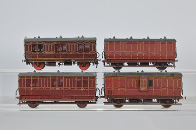 Lot 282 - Four OO Gauge P C Models kitbuilt Midland Railway maroon 4-wheel Passenger Luggage Parcels Meat and Fish Vans (4)