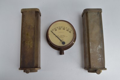 Lot 348 - Sentinel Waggon Works Brass Pressure Gauge and Two Brass Framed Gauge Glass Sight Glasses (3)