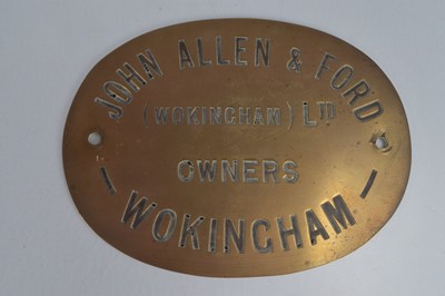 Lot 363 - John Allen &Ford Wokingham Berkshire Brass Dealers/Retailers Plate