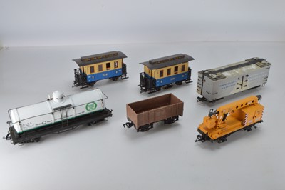 Lot 445 - LGB & Unknown Brands unboxed Coaches Crane and Wagons (6)