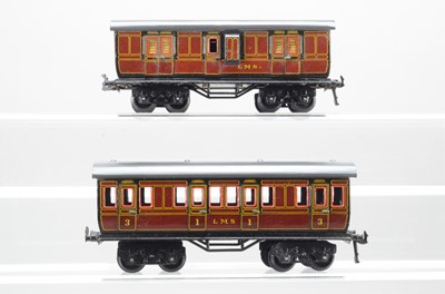 Lot 520 - Bassett Lowke O Gauge, Bing for Bassett Lowke, LMS 1924 series, 1 x All Brake and 1 x 1st /3rd passenger coach (2)