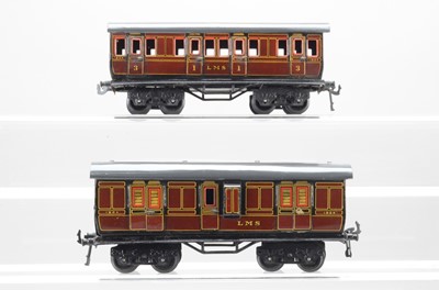 Lot 521 - Bassett Lowke O Gauge, Bing for Bassett Lowke, LMS 1924 SERIES, 1 X All Brake and 1 x 1st/3rd passenger coach (2)