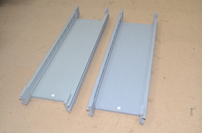 Lot 543 - Scratch built pair of wooden constructed bridges finished in grey previously used for exhibitions to cover spaces in tables, (2)