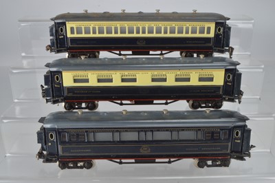 Lot 843 - Marklin O Gauge Wagon-Lits coaches comprising of Sleeping Ca, No1388, 2nd Class Pullman No 1387 and All blue Dining Car 1389, (3)