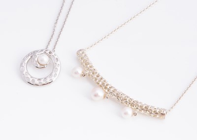 Lot 50 - Two Rachel Galley lattice design silver & pearl necklaces in original boxes
