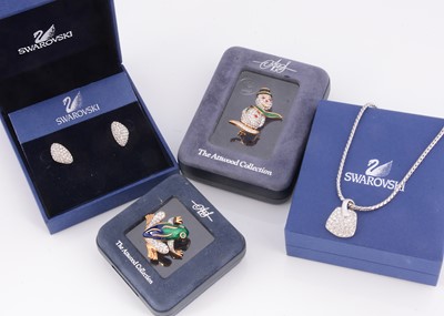 Lot 67 - Swarovski pave set earrings & pendant, two Attwood enamel brooches