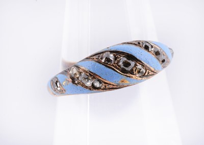 Lot 89 - A 19th century yellow metal diamond & enamel scroll ring