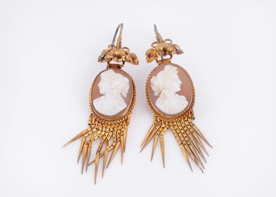 Lot 90 - A pair of late 19th century, early 20th century cameo carved shell ornate earrings