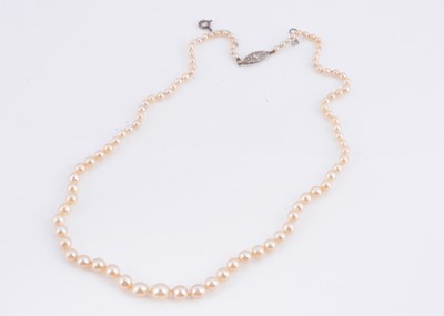 Lot 94 - A string of graduated cultured pearl necklace, with diamond set clasp