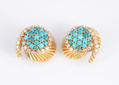 Lot 126 - A pair of mid century 18ct gold turquoise & diamond clip back earrings
