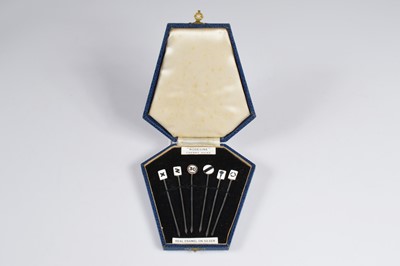 Lot 368 - A set of six Art Deco silver and enamel "Rodesine" cherry picks by Blanckensee & Son