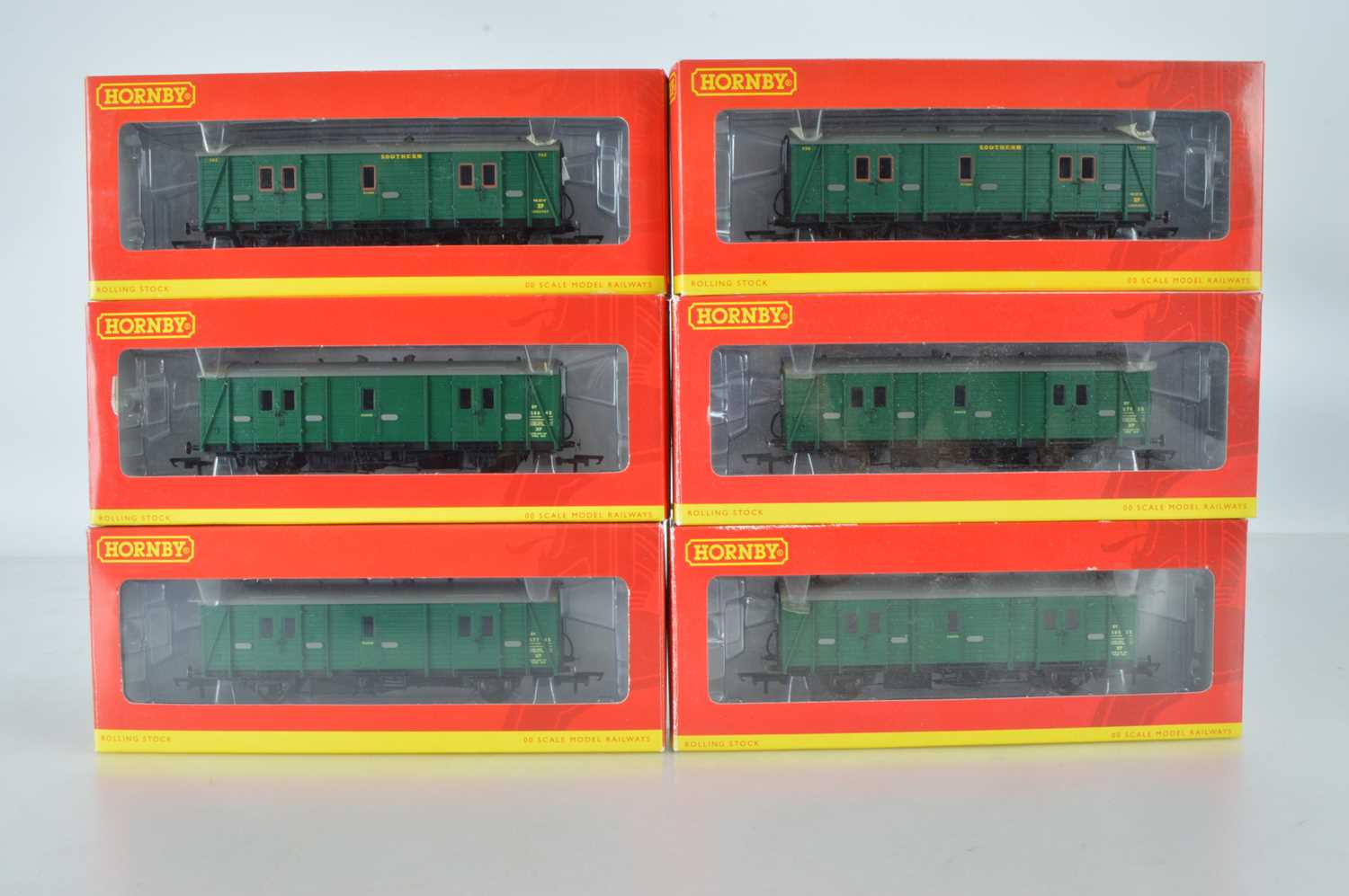 Lot 95 - Hornby (China) six boxed 00 Gauge SR and BR green Maunsell 4-wheel Passenger Brake Van C (6)