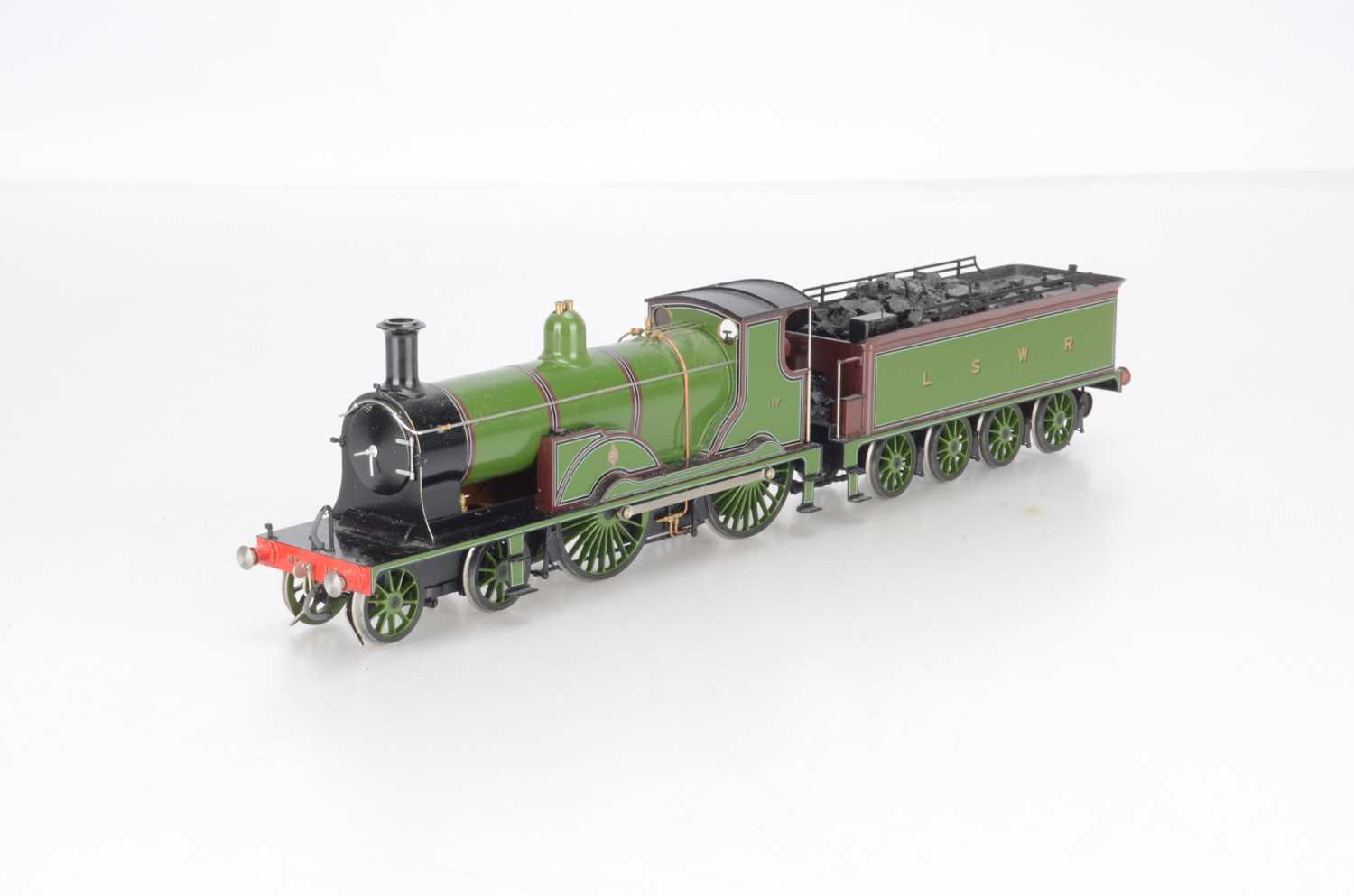 Lot 645 - A Martin Finney O Gauge Finescale kit LSWR T9 (London and South Western Railway) No 117 4-4-0 locomotive and tender accredited as built and painted by Chris Weston with Alan Harris Wheels