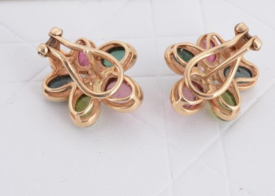 Lot 52 - A pair of 14ct gold multi gem set and pearl earrings, 2cm x 1.6cm with post backs and hinged clips, 5.4g