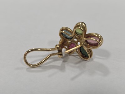 Lot 52 - A pair of 14ct gold multi gem set and pearl earrings, 2cm x 1.6cm with post backs and hinged clips, 5.4g