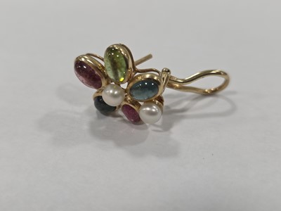 Lot 52 - A pair of 14ct gold multi gem set and pearl earrings, 2cm x 1.6cm with post backs and hinged clips, 5.4g