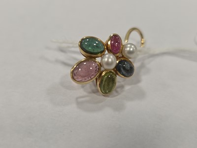 Lot 52 - A pair of 14ct gold multi gem set and pearl earrings, 2cm x 1.6cm with post backs and hinged clips, 5.4g