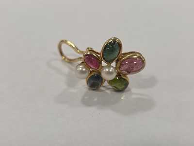 Lot 52 - A pair of 14ct gold multi gem set and pearl earrings, 2cm x 1.6cm with post backs and hinged clips, 5.4g